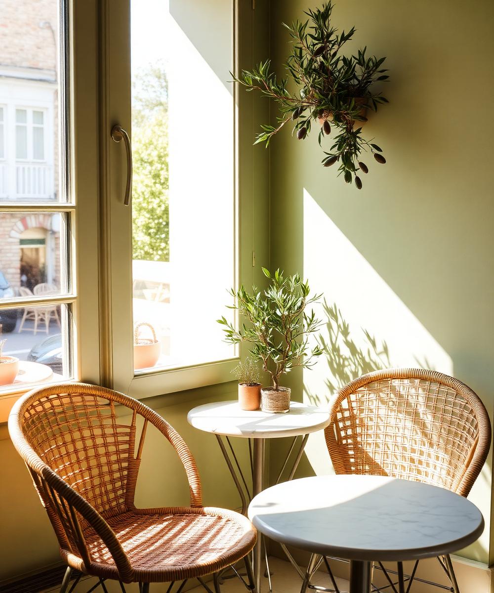 Cozy café corner with rattan chairs and a marble table
